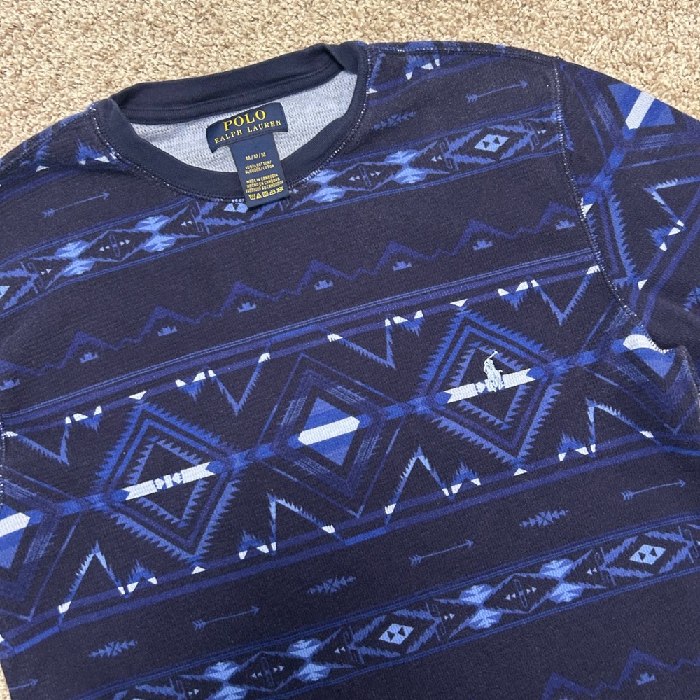 Polo Ralph Lauren Men Medium Southwestern Aztec Thermal Shirt Blue Cotton Pony